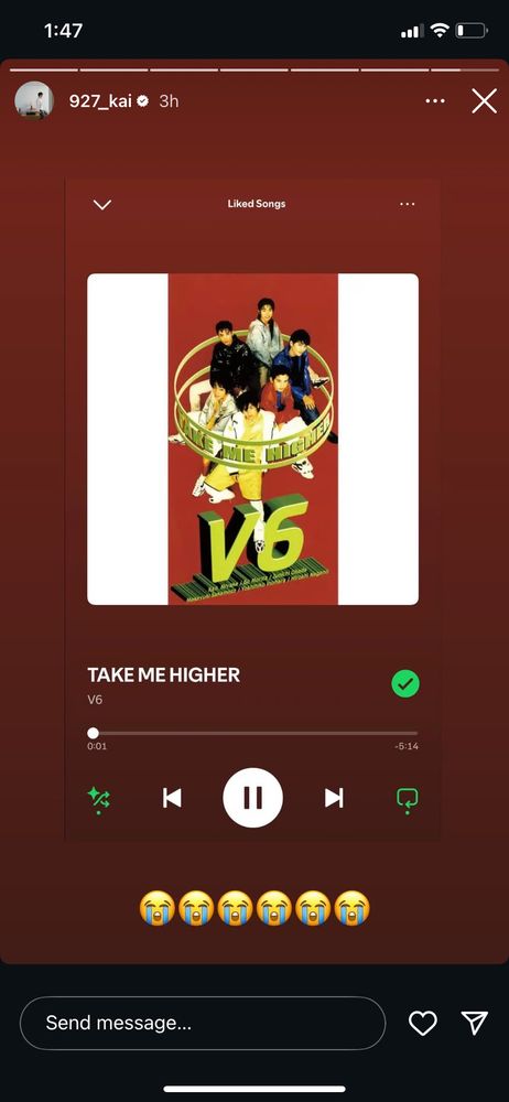 An instagram story from Kai trainboy reacting to Ultraman Tiga OP “Take Me Higher” by V6 finally being on streaming with several 😭 emoji