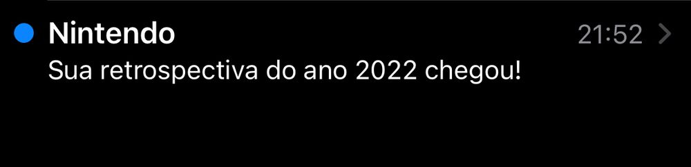 Caixa de entrada do email, com um email da  Nintendo escrito "sua retrospectiva do ano 2022 chegou!"