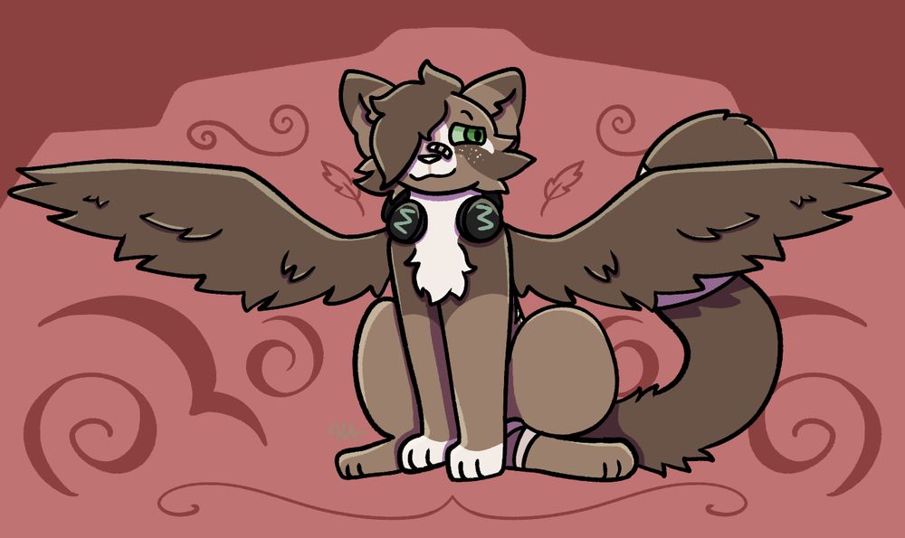 A fullbody drawing of a cat with wings sitting. There are swirls on the background.