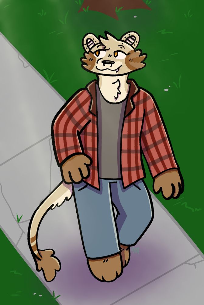 A fullbody drawing of a lioness walking down the sidewalk.
