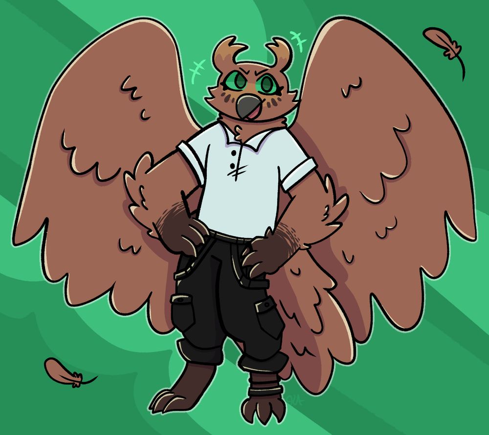 A fullbody drawing of an owl with her hands on her hips.