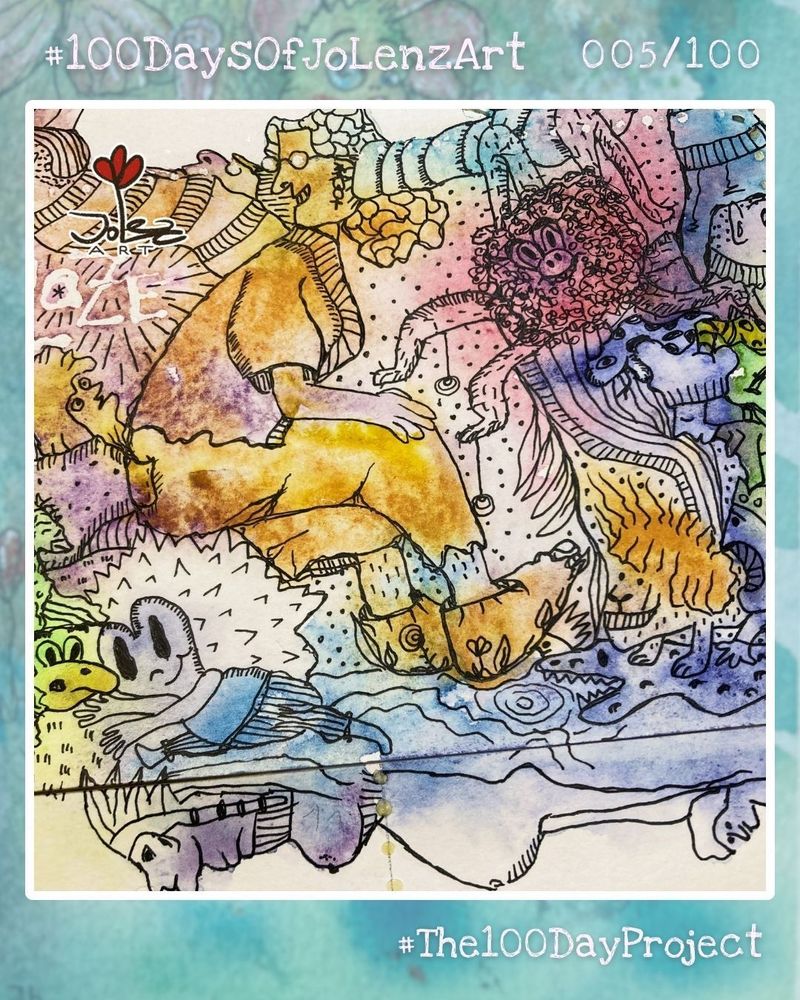 A detailed watercolor doodle featuring layered creatures and figures. A golden human-like figure sits among swirling shapes and faces.