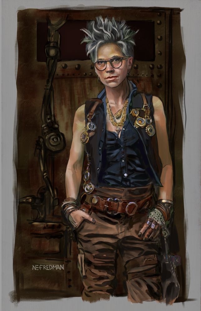 Older woman, steampunk engineer. 