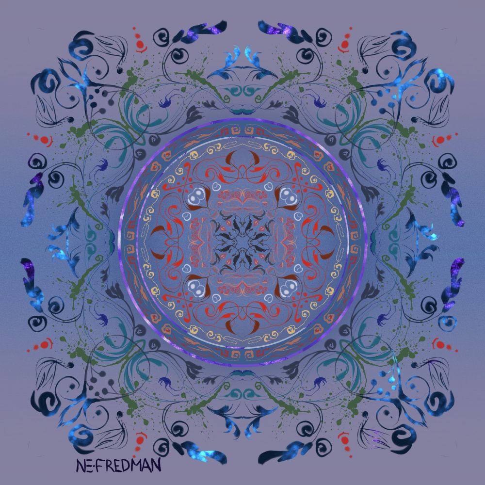 Swirly mandala with floral elements and iridescence 