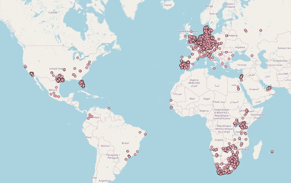 Global map with red dots showing distribution of Egyptian goose.