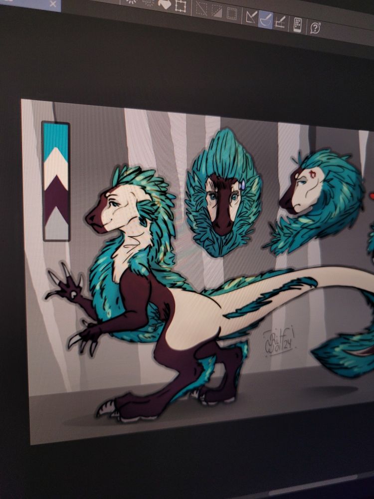 a reference is drawn by Ritoru Wolf for a dinosaur Raptor character with blue feathers and brownish-beige scales