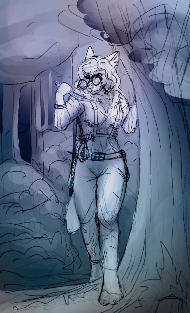 anthropomorphic wolf girl walk in a forest and steps over roots of big tree