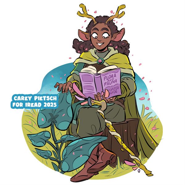 iRead 2025 teen spot art- druid reading a book on local plants & animals