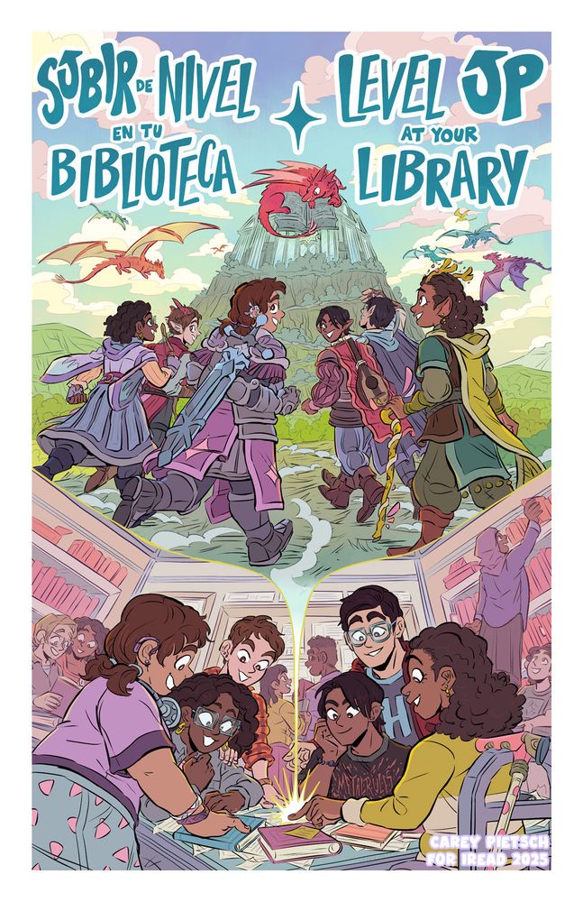 iRead 2025 teen campaign poster illustration of teens playing a tabletop game at a library with the game they're envisioning illustrated at the top of the poster. text reads "subir de nivel en tu biblioteca * level up at your library"