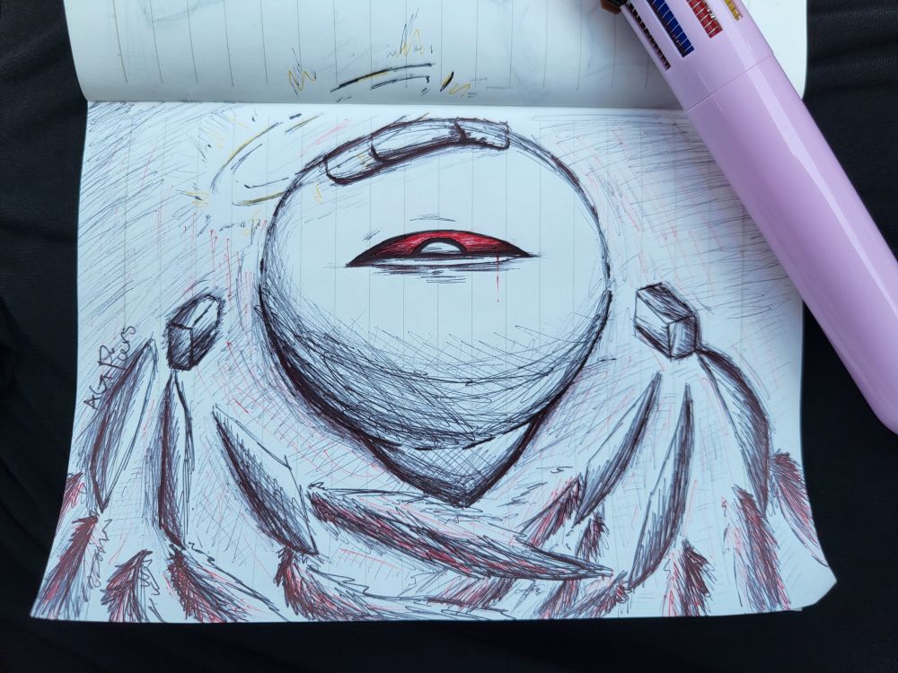 a sketch of Zero Two from Kirby 64: The Crystal Shards made by pen. it is staring as its eye is bleeding and its halo is glowing.