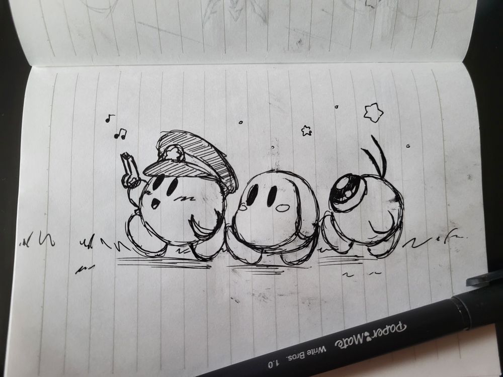 Kirby, Waddle Dee, and Waddle Doo marching together as friends!
