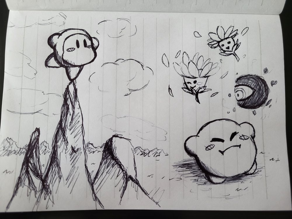 Waddle Dee, Kirby, Dark Matter, and Floras from Kirby 64 ending credits sketches