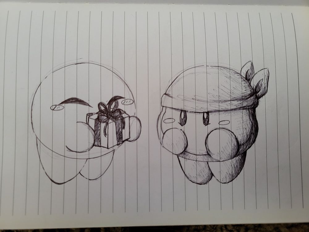 an old sketch of kirby giving a gift to bandana waddle dee.