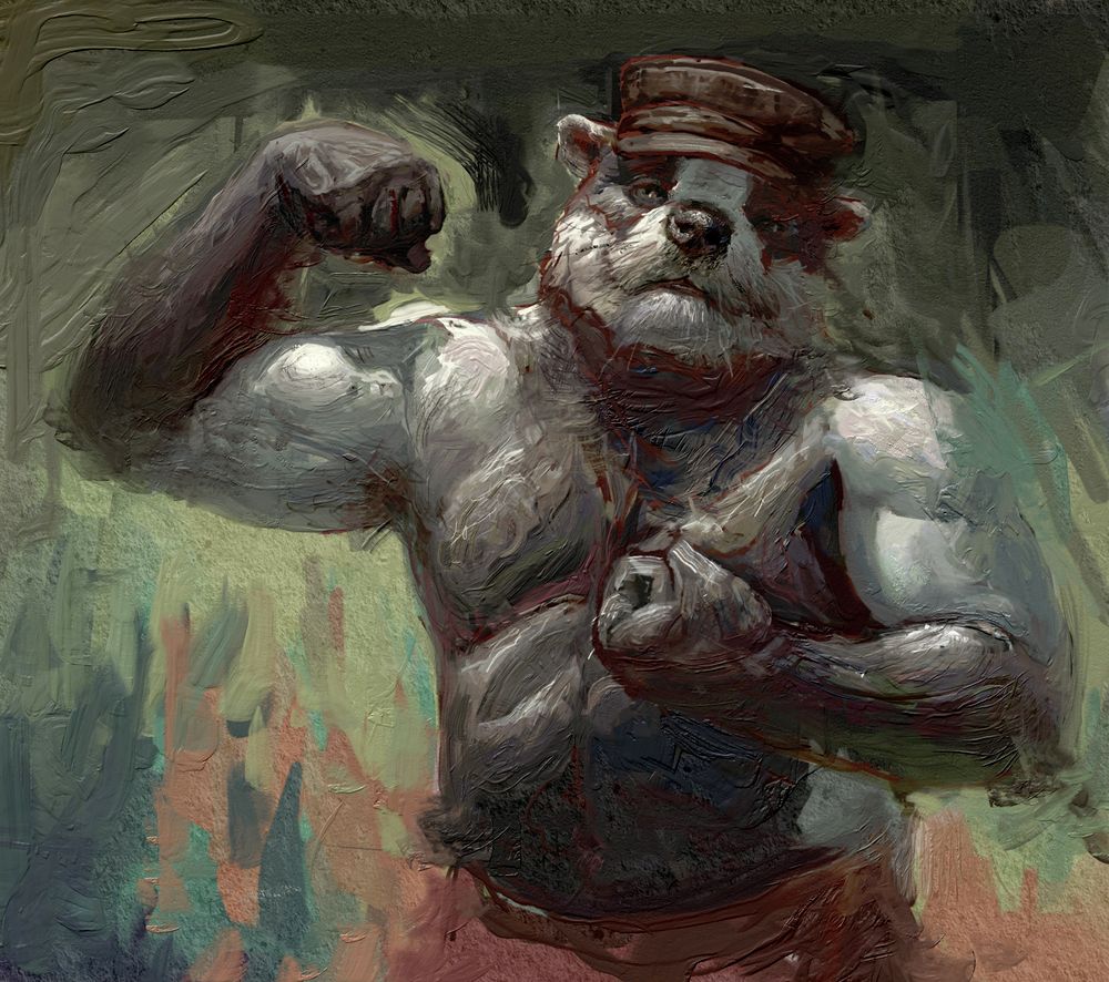 Badger with a cap flexing his guns