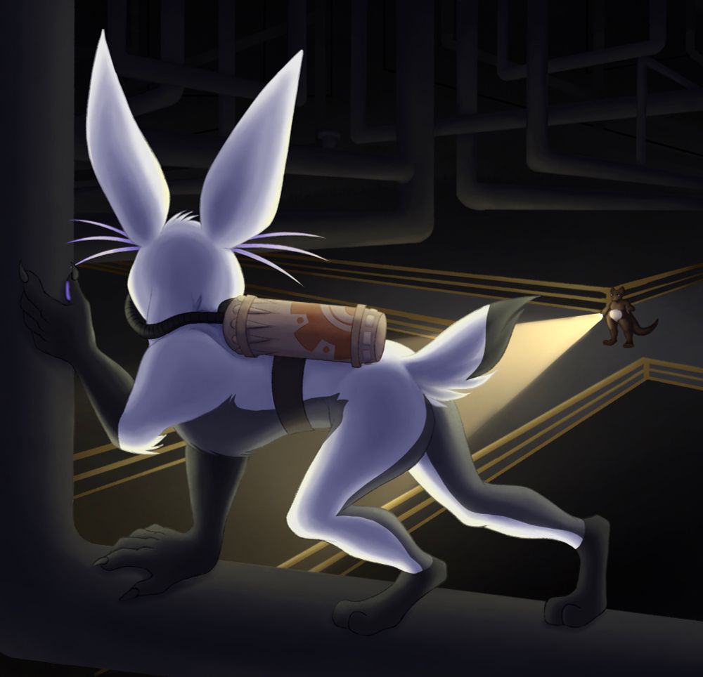 A creature climbing some pipes trying to stay hidden from a guard bellow.