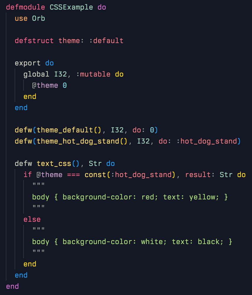An Elixir module that uses Orb to define an Elixir struct with the theme, a WebAssembly global for the theme, exports functions to read the possible theme values, and a function that dynamically returns different CSS depending on the theme.