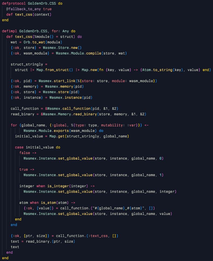 The GoldenOrb.CSS protocol does the heavy lifting, using Orb to compile to a WebAssembly module definition and then executes using the Wasmex library, calling the exported text_css function and assigning any global variables it detected in the struct.