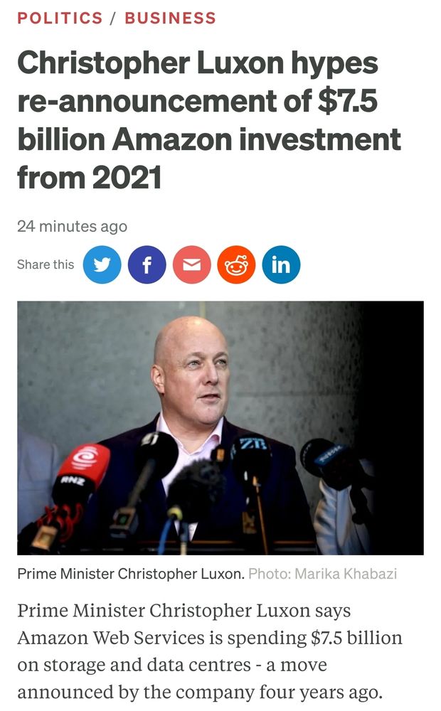 RNZ headline "Christopher Luxon hypes re-announcement of 7.5 billion Amazon investment from 2021"