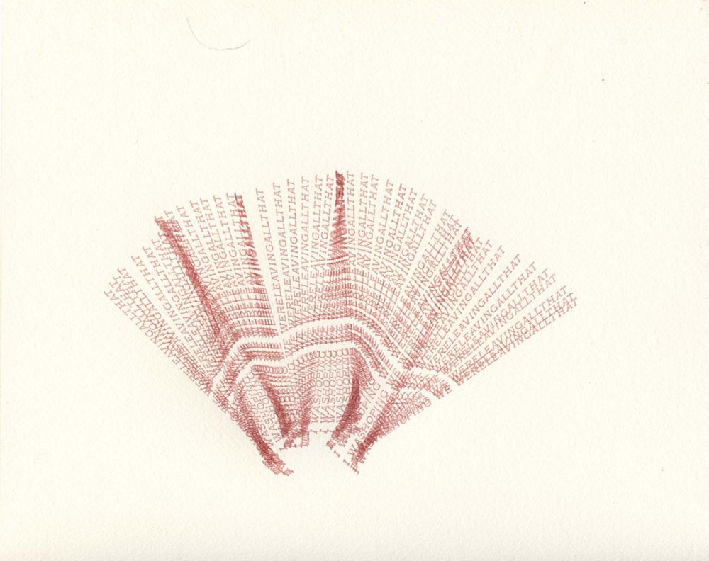 Coral pink all caps text overprinted in a fan shape reads “I washoping we wereleavingallthat”