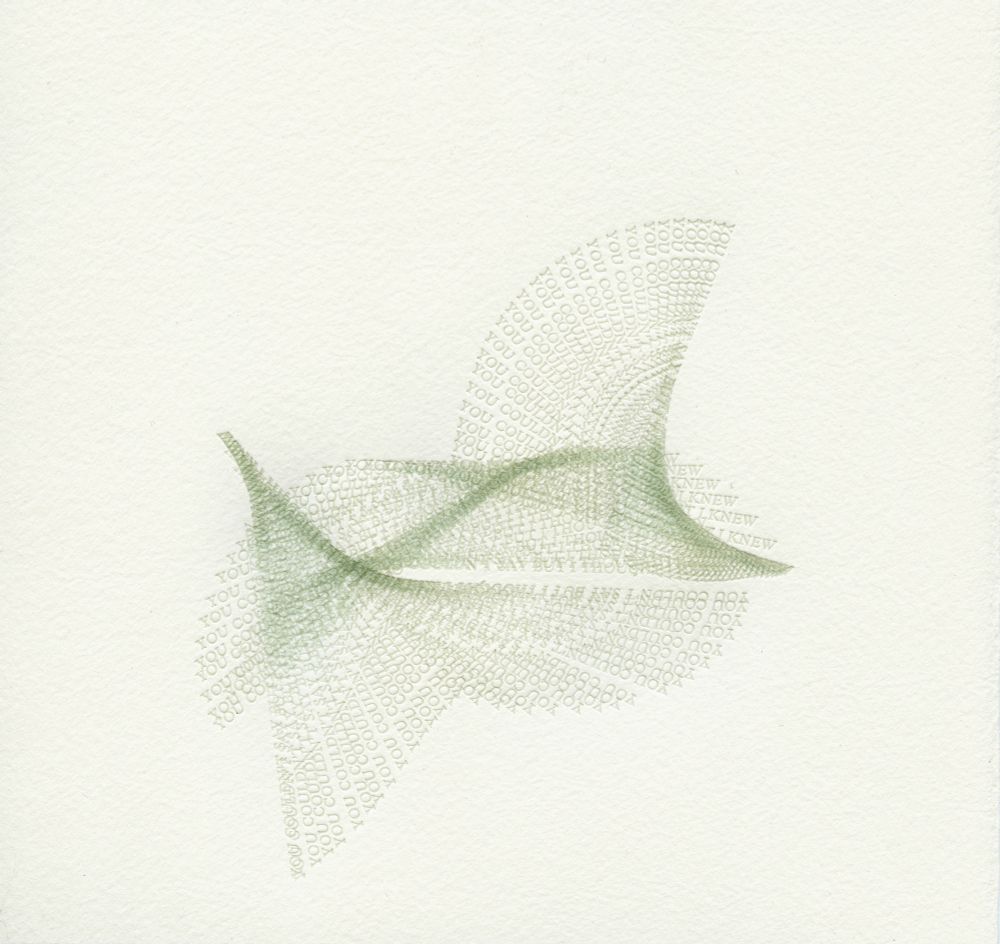 Green curving interlocking shapes made of text reading “you couldn’t say but I thought I knew”
