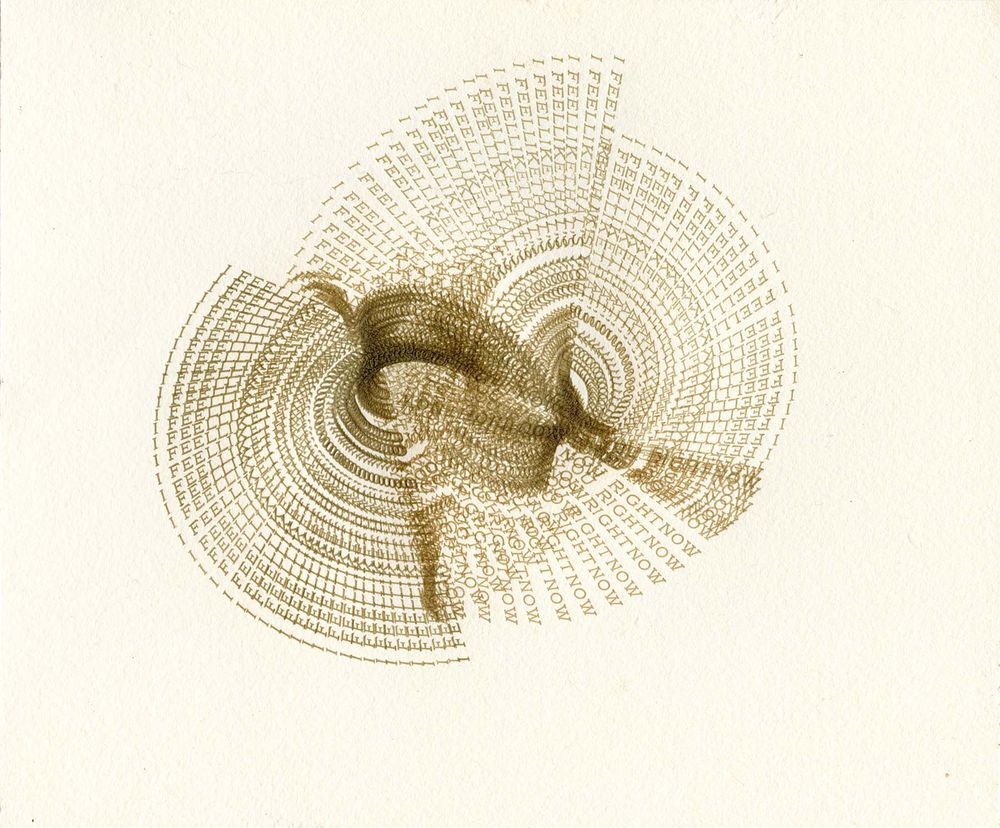 Cream paper with khaki text swirling in a circular and funnel shape. Caps Victoria text is partially visible partially obscured can read in places “I feellike” and “you rightnow”