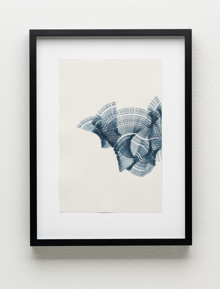 Framed art on wall: blue swirling shape anchored to right side of page, shape is made of overlapping text