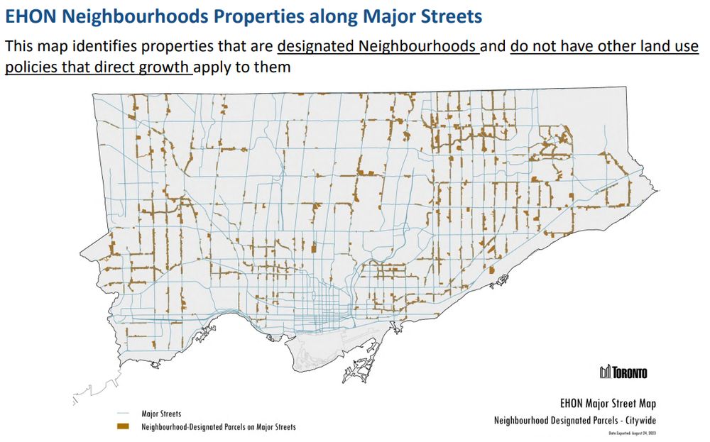 A map from the City's Major Streets consultations (page 6 at https://www.toronto.ca/wp-content/uploads/2023/11/8f19-city-planning-major-streets-study-in-person-consultation-event-boards.pdf) showing properties where the policy applies, notably not near intersections with transit stations. Above, the text states "This map identifies properties that are designated Neighbourhoods and do not have other land use policies that direct growth apply to them."