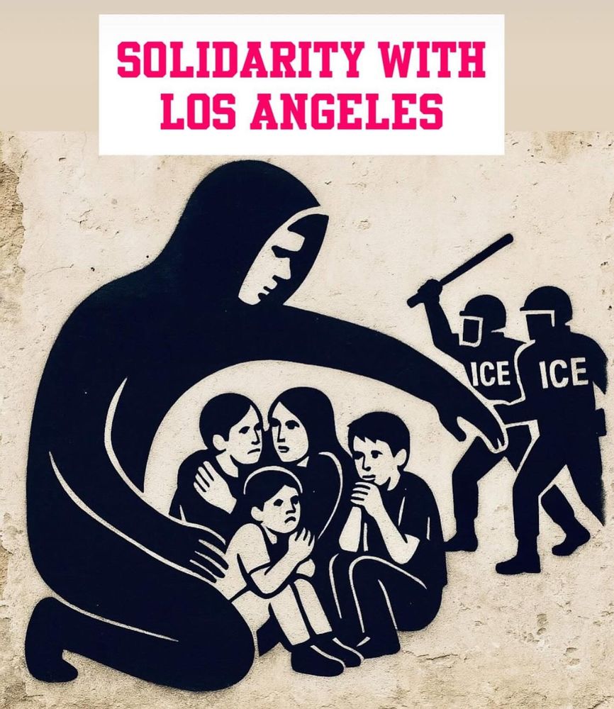A stylized mural-like illustration shows a large, hooded figure shielding a group of distressed people, including children and a woman, who sit huddled together. The protective figure is drawn in black silhouette with a solemn face. In the background, two armed ICE officers in riot gear advance with batons raised. Above the artwork, bold pink text on a white background reads: “SOLIDARITY WITH LOS ANGELES.” The image conveys a message of protection and resistance against immigration enforcement.