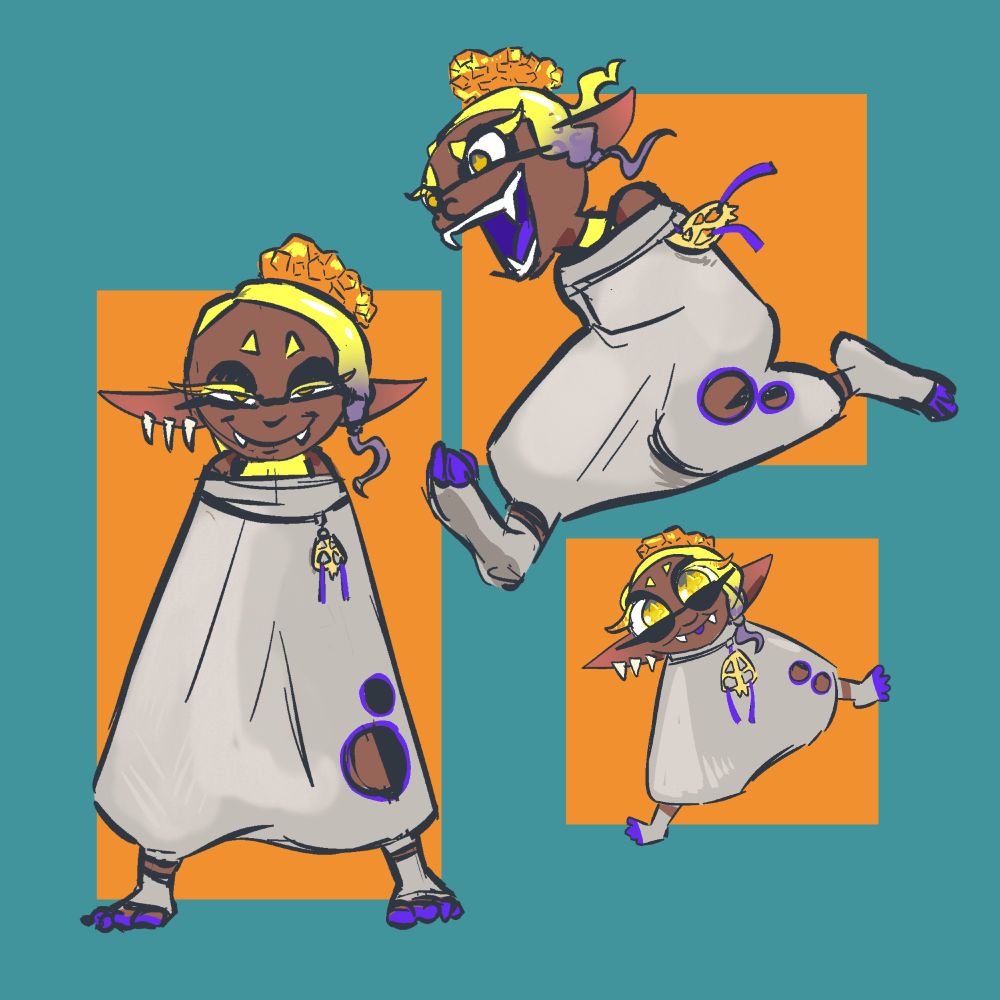 A digital illustration of Frye Onaga, but her pants are are big enough to cover her entire body. Only her head and shoulders are poking out of the baggy pants. She is drawn 3 times; one looking at the viewer with a devilish grin, cutely drawn with her tongue sticking out, and her running with a gremlin-like open mouthed grin.