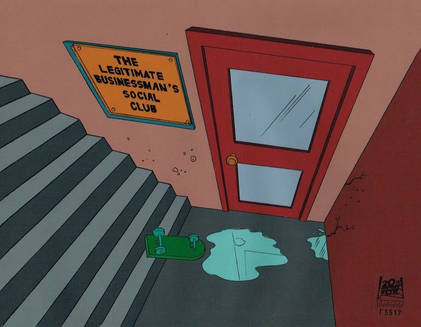 Still image from The Simpsons. Bart’s skateboard lies upside down in a puddle at the bottom of a grungy grey stairwell. There is a door with a sign that reads “The Legitimate Businessman’s Social Club.”