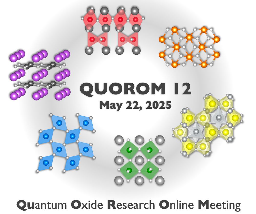 A variety of quantum oxide crystal models arranged in a circle around the title "QUOROM 12" and the date "May 22, 2025"
