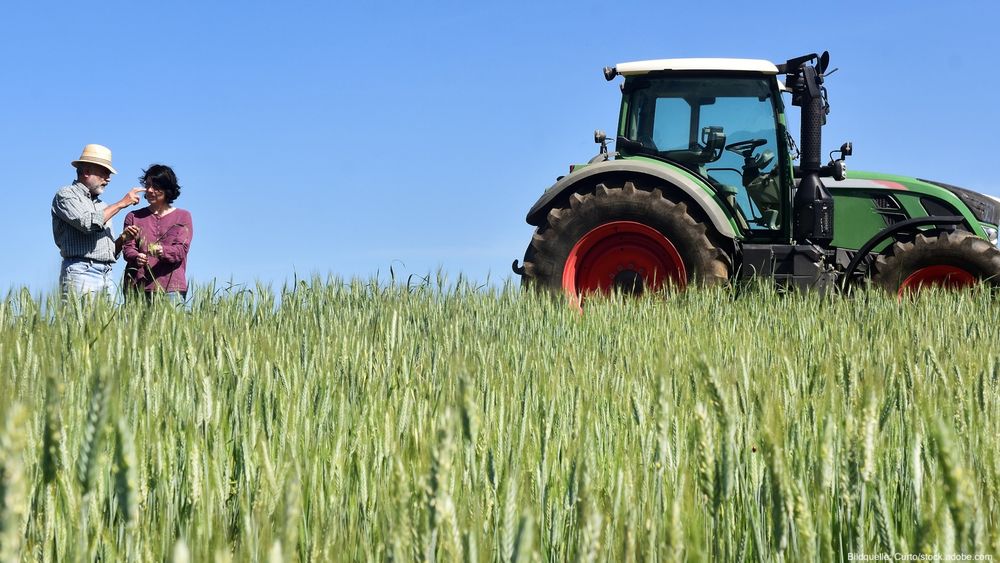 Feld, zwei Menschen, ein Traktor
