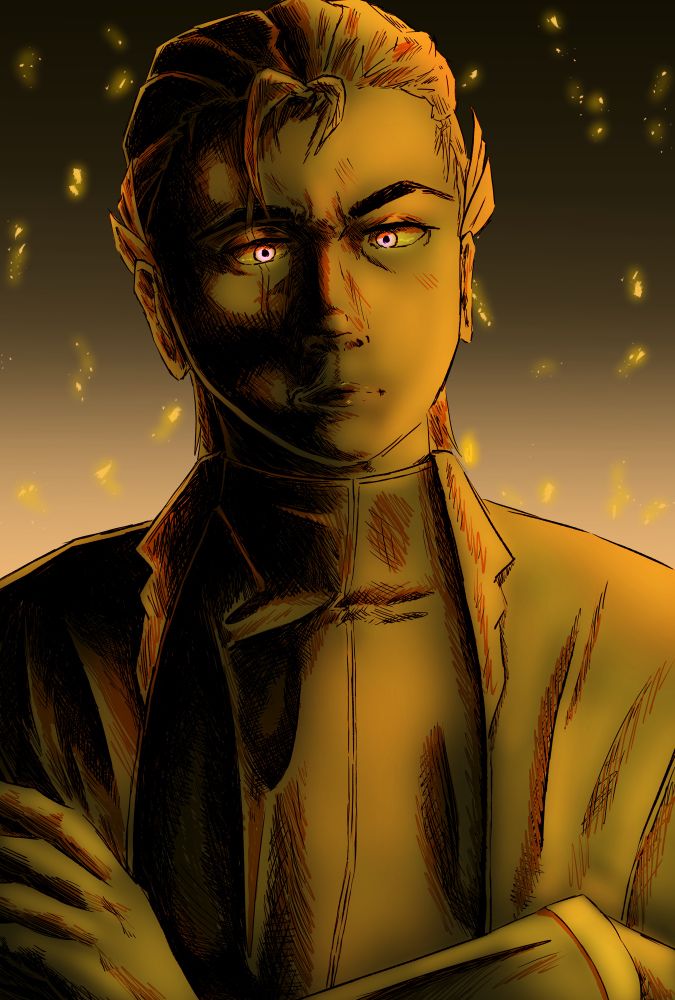 A figure standing cross armed looking into the camera. Hatch shading with orange/ gold lighting 