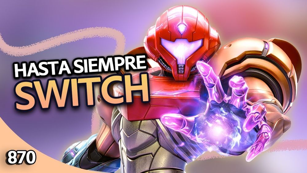 Imagen de la cazarrecompensas Samus Aran de Metroid Prime 4 junto al texto "hasta siempre Switch" y el número 870.