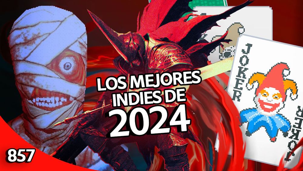 Un fotomontaje con un personaje vendado del juego Mouthwashing, un caballero medieval de Kill Knight y varias cartas del juego Balatro. Encima aparece el texto "Los Mejores Indies de 2024". Abajo a la izquierda aparece el número 857.