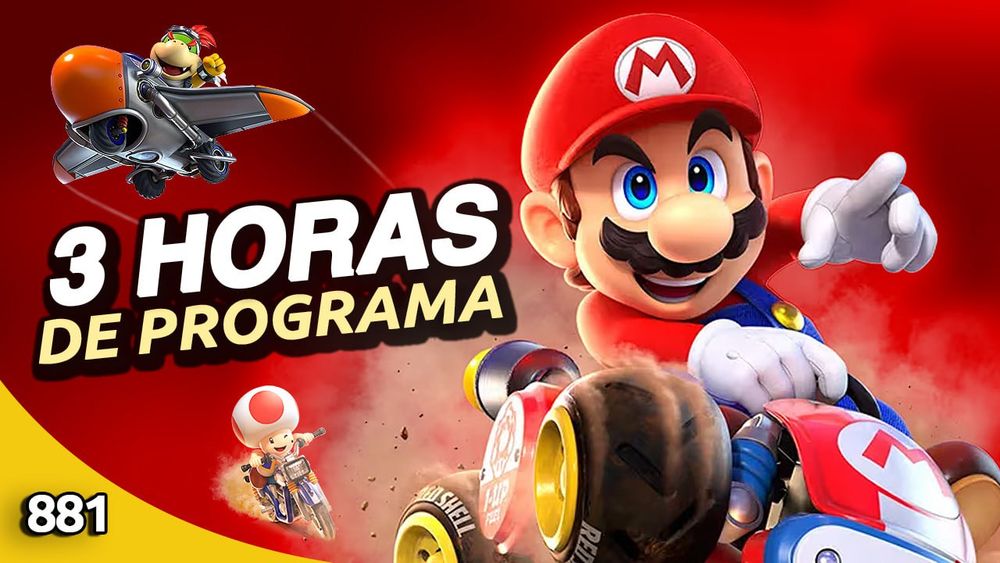 Imágenes de Mario Kart World junto al texto "TRES HORAS DE PROGRAMA". Abajo a la izquierda aparece el número 881.