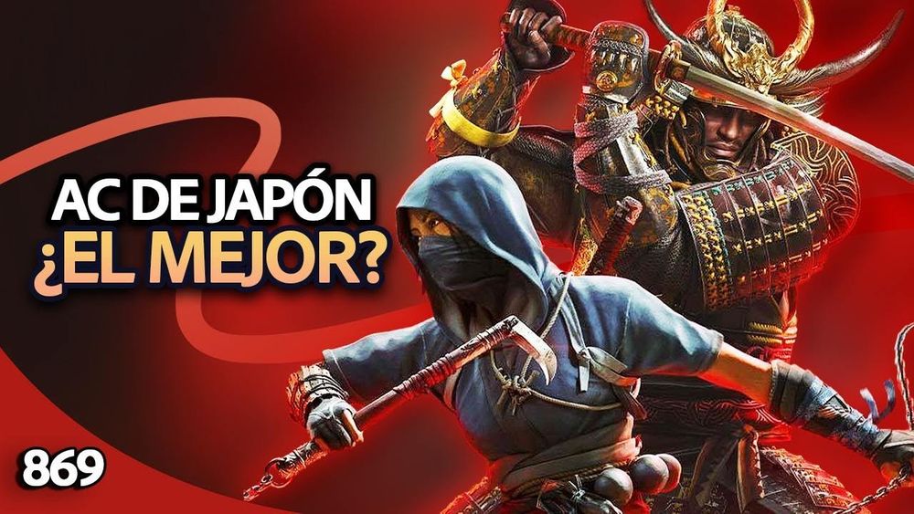Imagen de Assassin's Creed Shadows, mostrando al samurai Yasuke y a la ninja Naoe, junto al texto "Assassin's Creed: ¿el mejor?" y el número 869.
