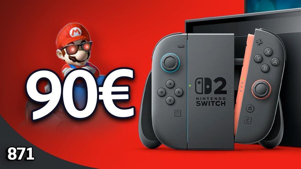 Imagen de una consola Nintendo Switch 2 junto a Mario subido a un Kart, con los ojos en rojo y un letrero que indica 90€.