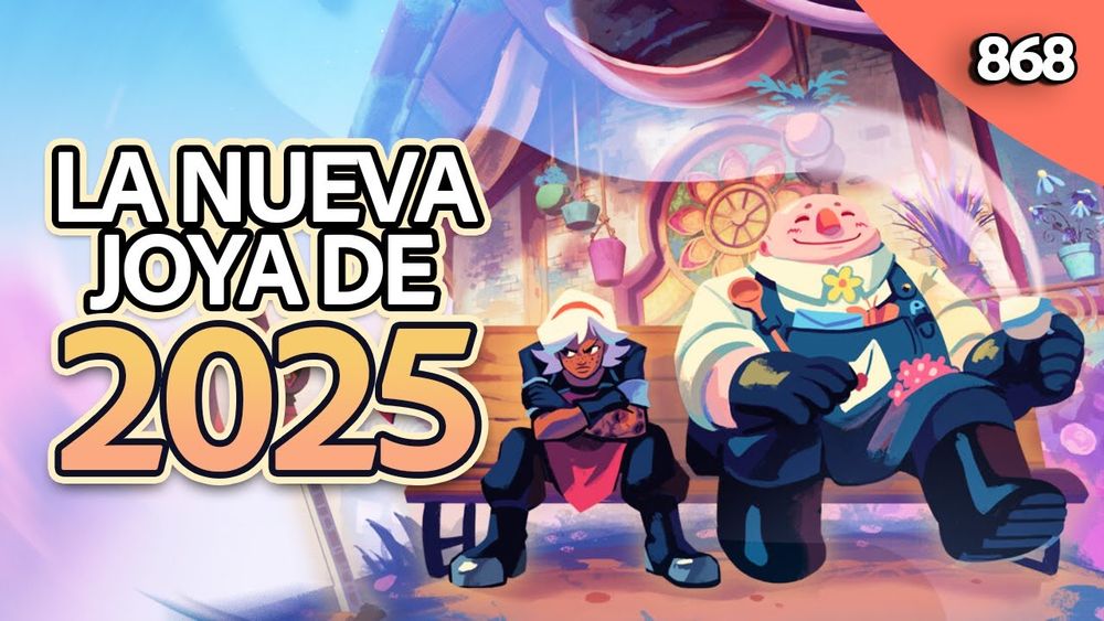 Arte del videojuego Wanderstop, mostrando a una chica con pelo blanco enfadada junto a un enorme tipo sonriente con una taza de té en su mano. Texto: La nueva joya de 2025. 