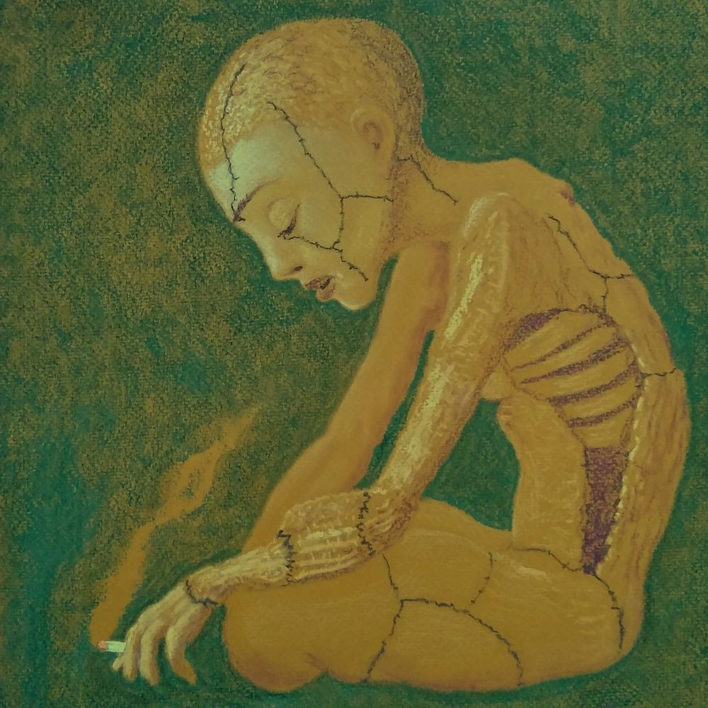 A painting of a woman sat cross-legged, smoking a cigarette. She is hunched over and covered in brutal scars from the many surgeries that have failed to cure her cancer.