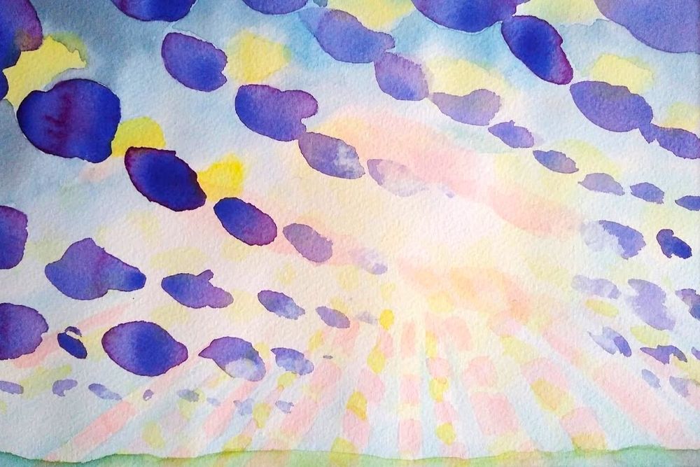 A semi-abstract watercolour: bright sun shines between streets of blue, yellow and pink clouds that arc across the sky. Crepuscular rays of pink and yellow radiate downwards.