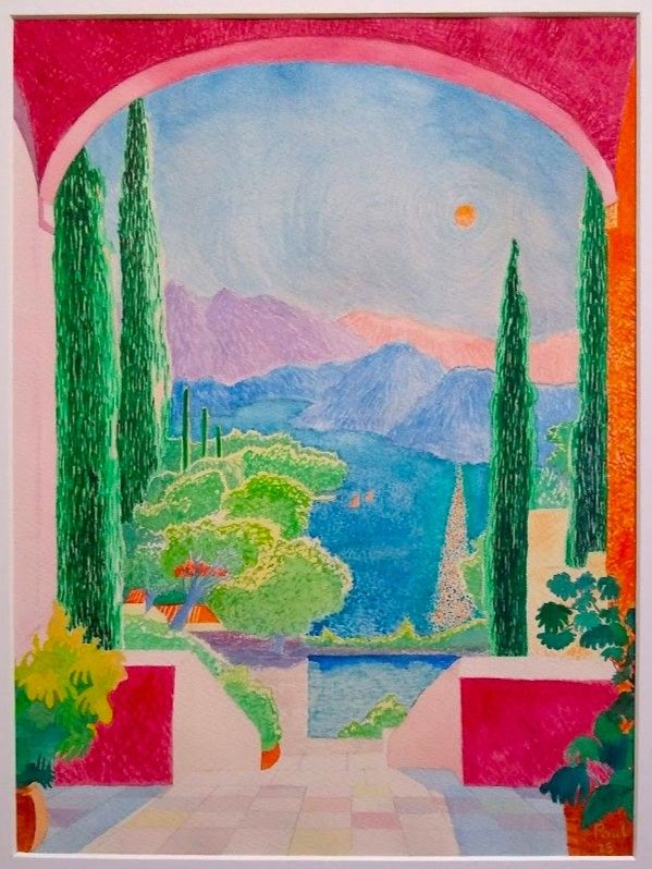 A brightly coloured view through an arch, of trees, sea and mountains. 