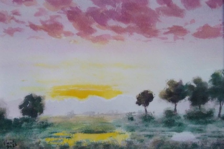 A painting of a rain soaked landscape of grass and trees. The sun is rising behind the broken remnants of receding storm clouds.
