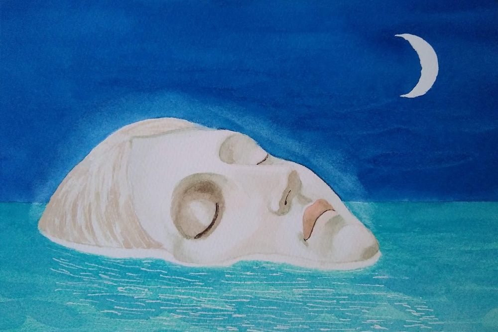 A woman lies back in a calm sea, only her head above water, beneath a crescent moon