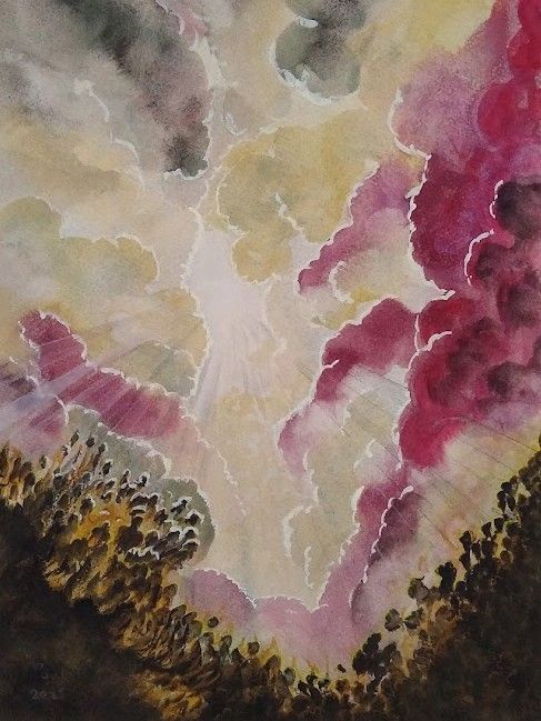 A watercolour painting showing a semi abstract scene: crowds of shadowed figures look into a bright sunburst between thunderous clouds.