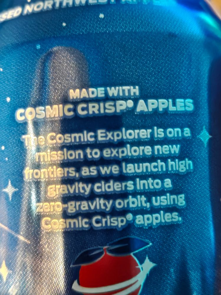 marketing copy from a can of cider that mentions "zero-gravity orbit" 