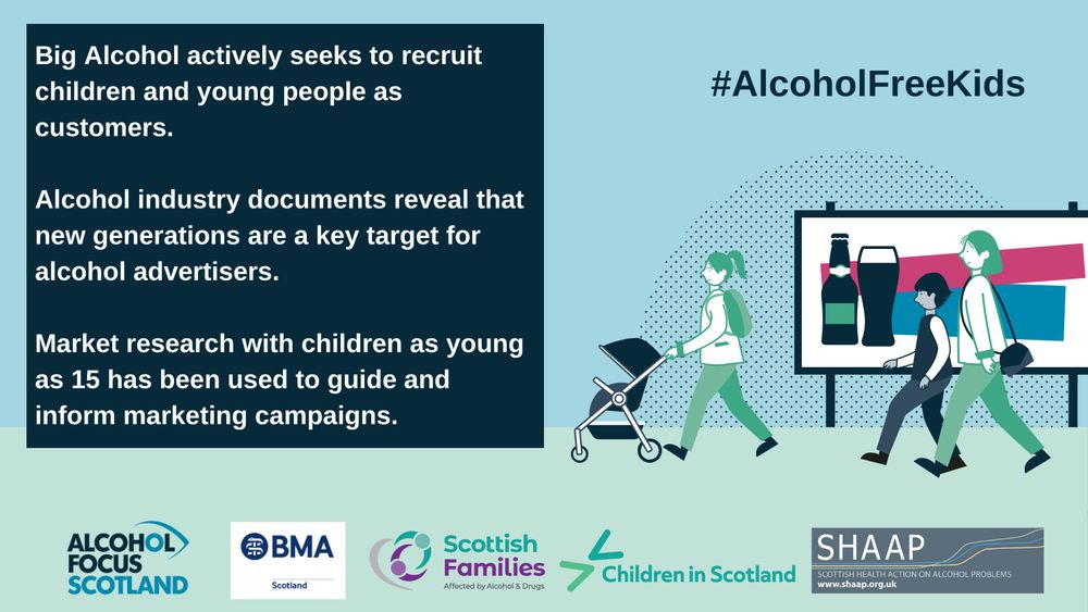 Alcohol Free Childhood Campaign image with text detailing alcohol industry efforts to recruit children via marketing 