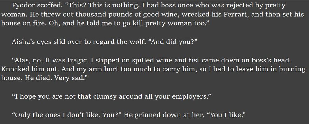An excerpt from the Modern Pleasuremage of Fyodor giving a comedic anecdote of how he terminated a former employer.