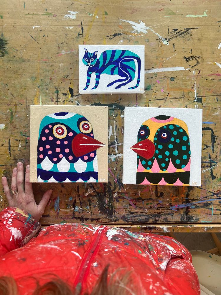 Bird and cat paintings folk art 