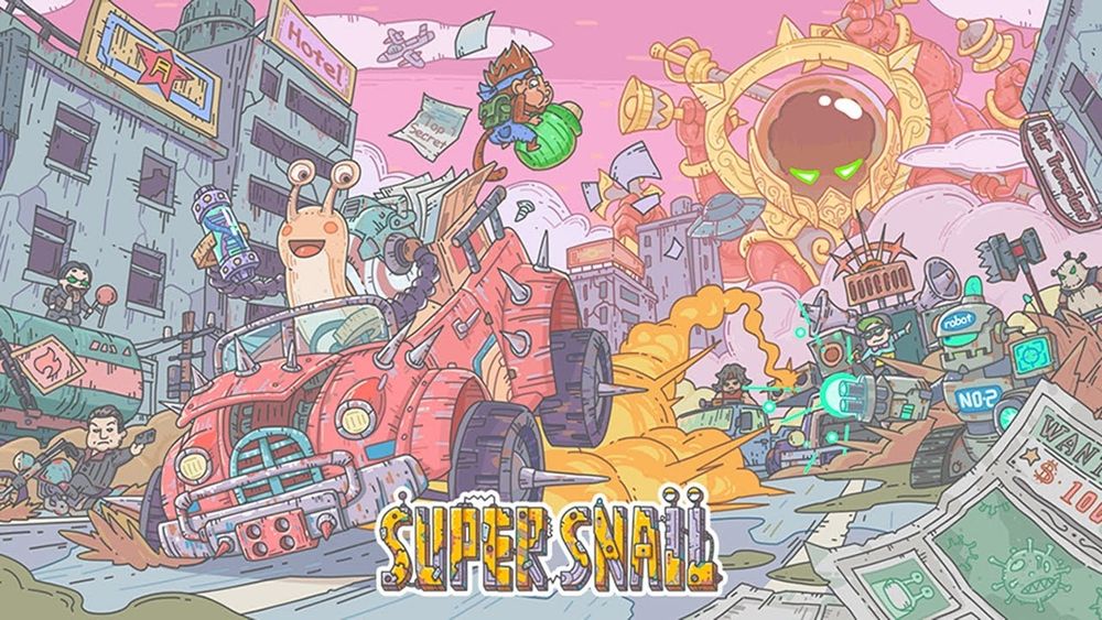 An image from the mobile game Super Snail showing a snail riding a car, driving away from mayhem